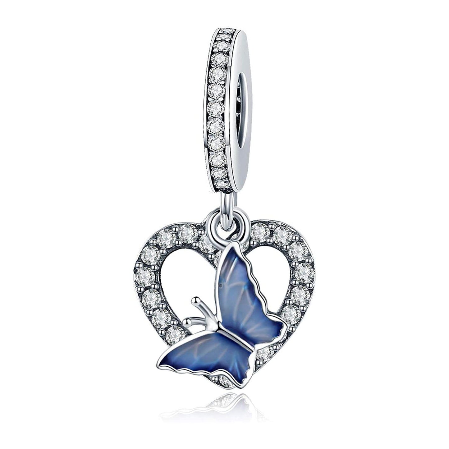 Blue Butterfly Heart Pendant Charm for Bracelet, S925 Sterling Silver