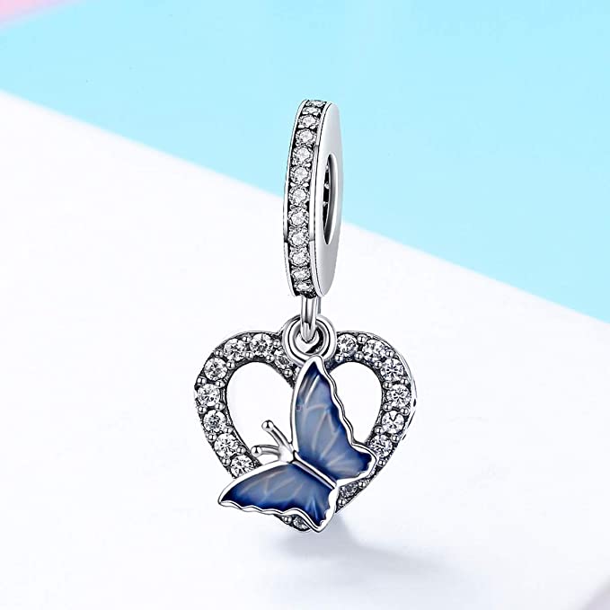 Blue Butterfly Heart Pendant Charm for Bracelet, S925 Sterling Silver