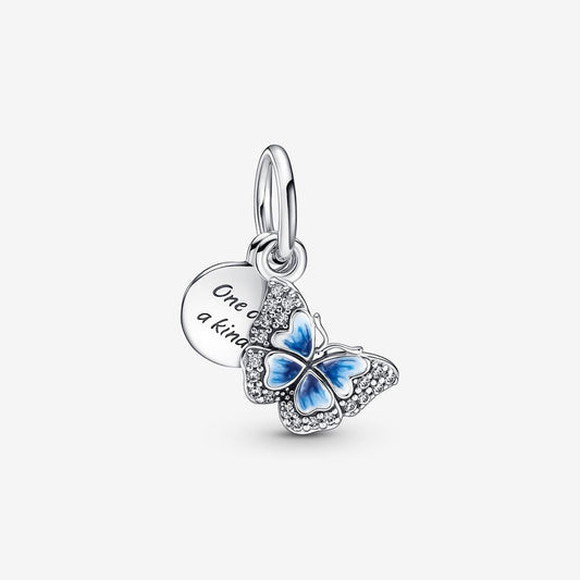 Blue Butterfly & Quote Double Dangle Charm for Bracelet, S925 Sterling Silver