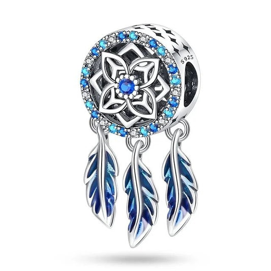 Blue Dreamcatcher Charm for Bracelet, S925 Sterling Silver