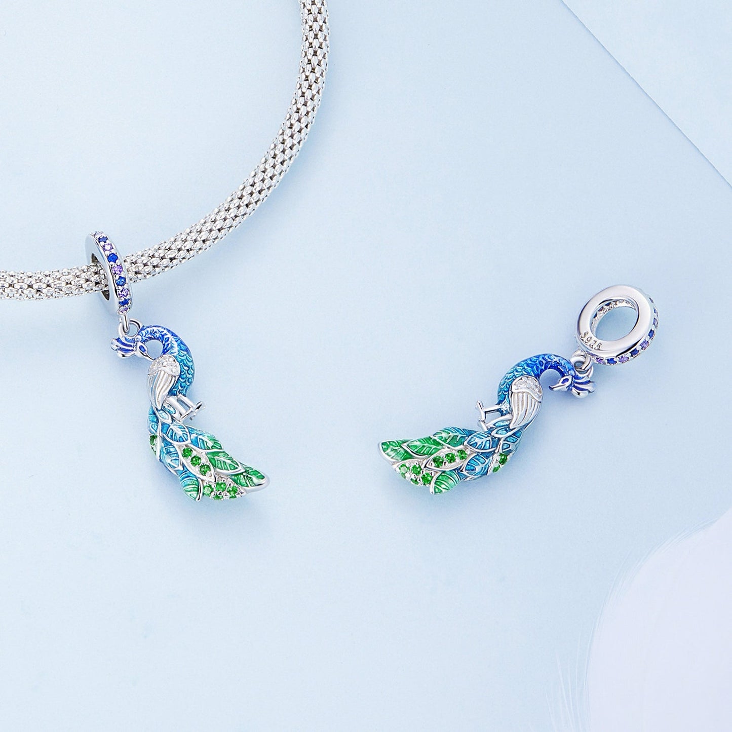 Blue Enchanting Peacock Pendant Charm for Bracelet, S925 Sterling Silver