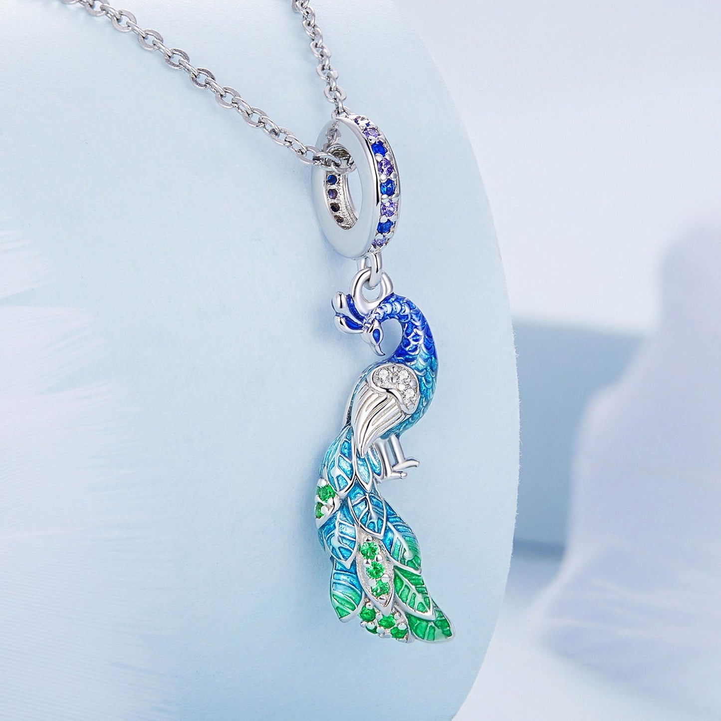 Blue Enchanting Peacock Pendant Charm for Bracelet, S925 Sterling Silver