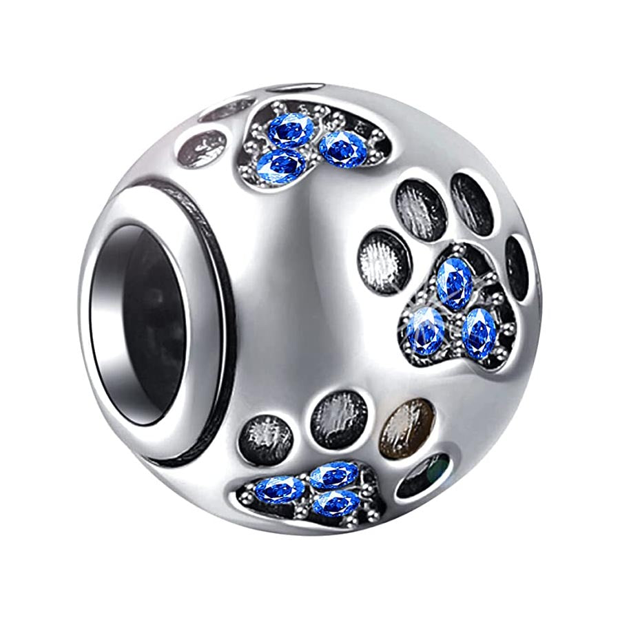 Blue Paw Print Animal Pet Dog Footprint Charm for Bracelet, S925 Sterling Silver