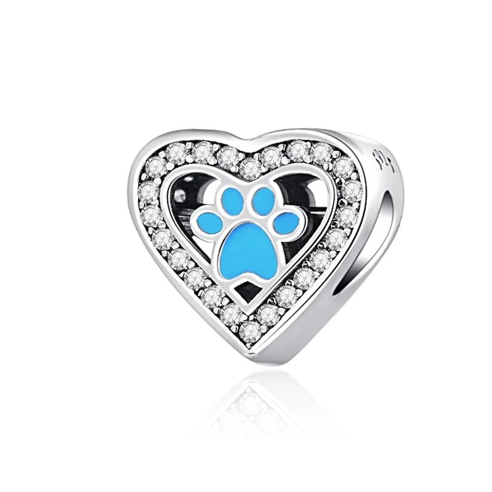 Blue Paw Print Heart Charm for Bracelet, S925 Sterling Silver