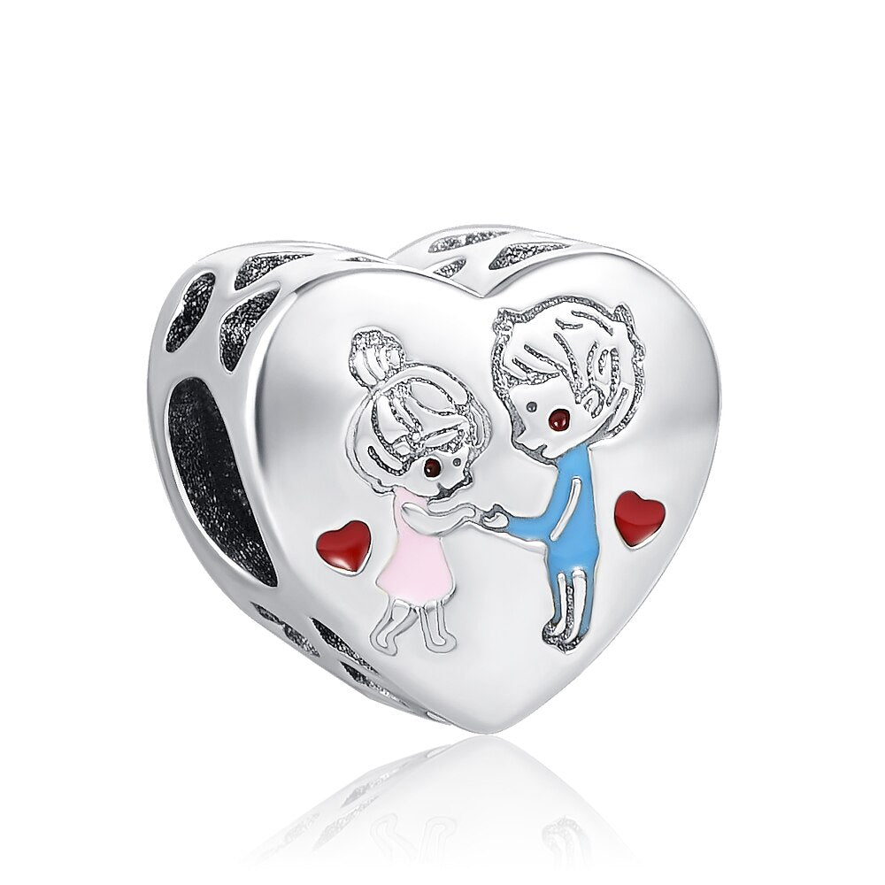 Boy & Girl Couple Heart Charm for Bracelet, S925 Sterling Silver