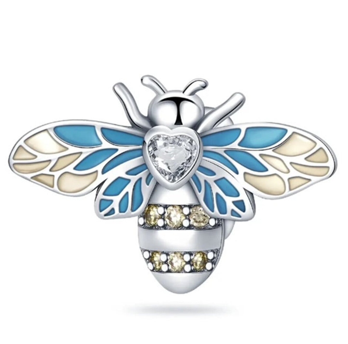 Busy Blue Bumble Bee Charm for Bracelet, S925 Sterling Silver