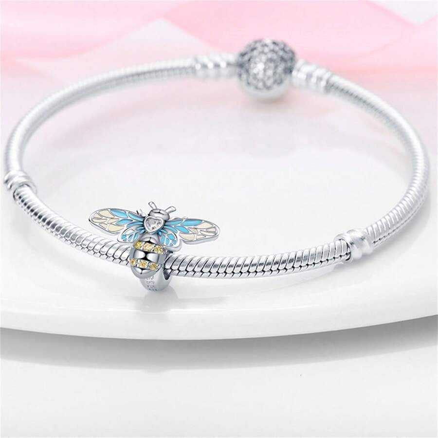 Busy Blue Bumble Bee Charm for Bracelet, S925 Sterling Silver