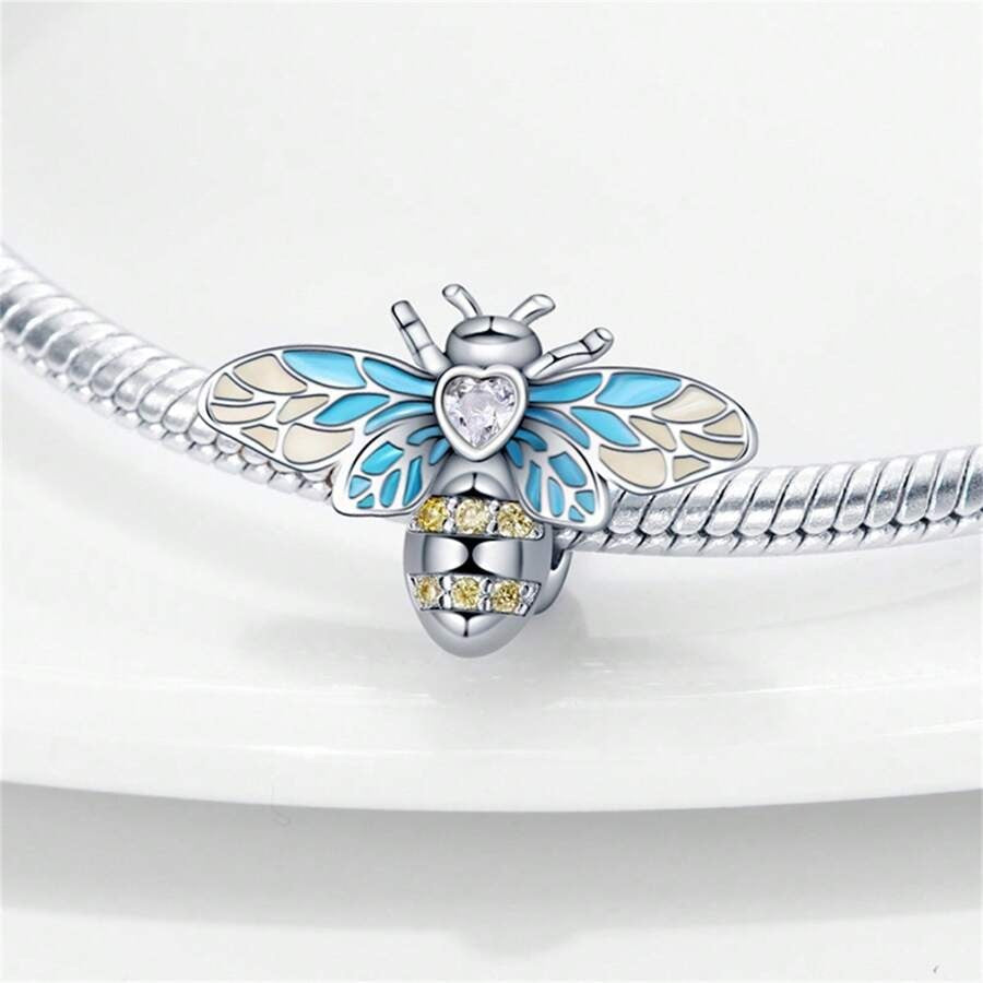 Busy Blue Bumble Bee Charm for Bracelet, S925 Sterling Silver