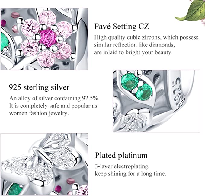 Butterfly In Garden Flower Charm for Bracelet, S925 Sterling Silver