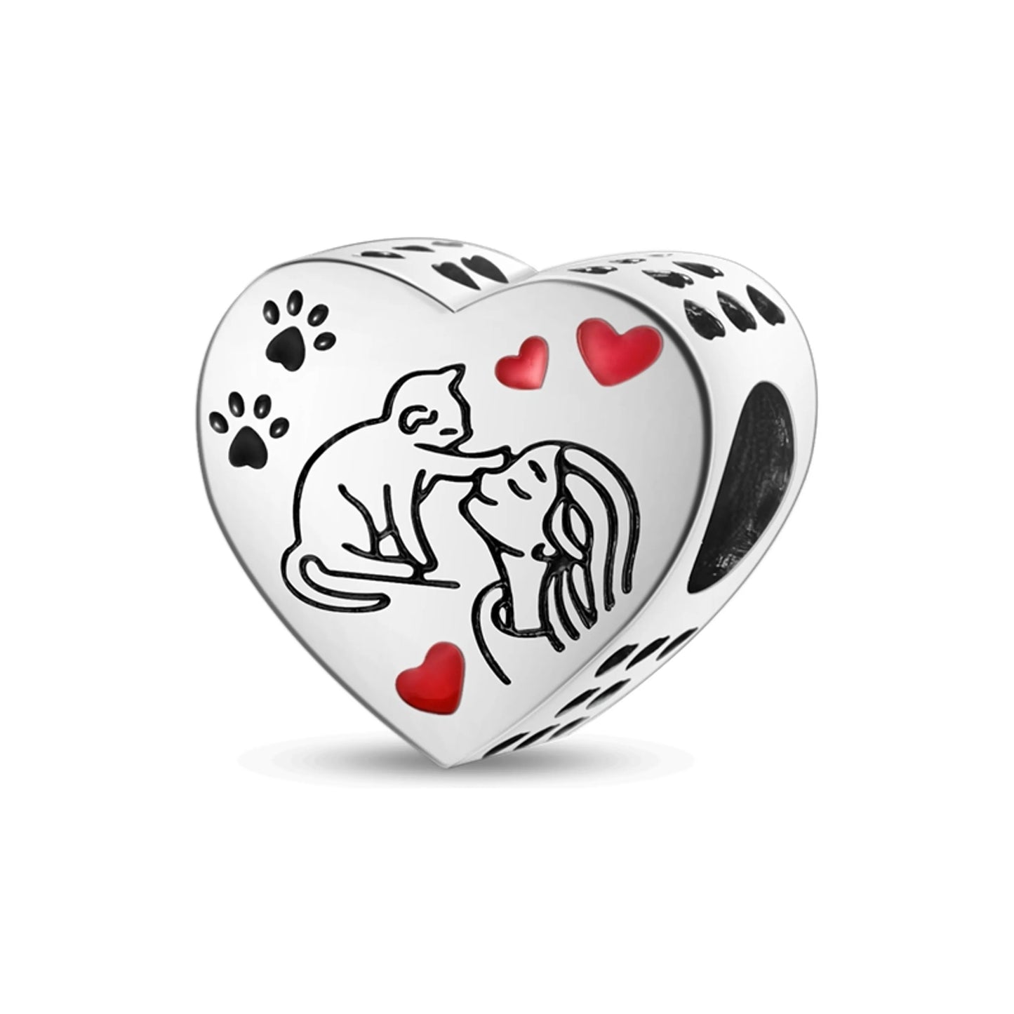 Cat Paw Print in Your Heart Charm for Bracelet, S925 Sterling Silver