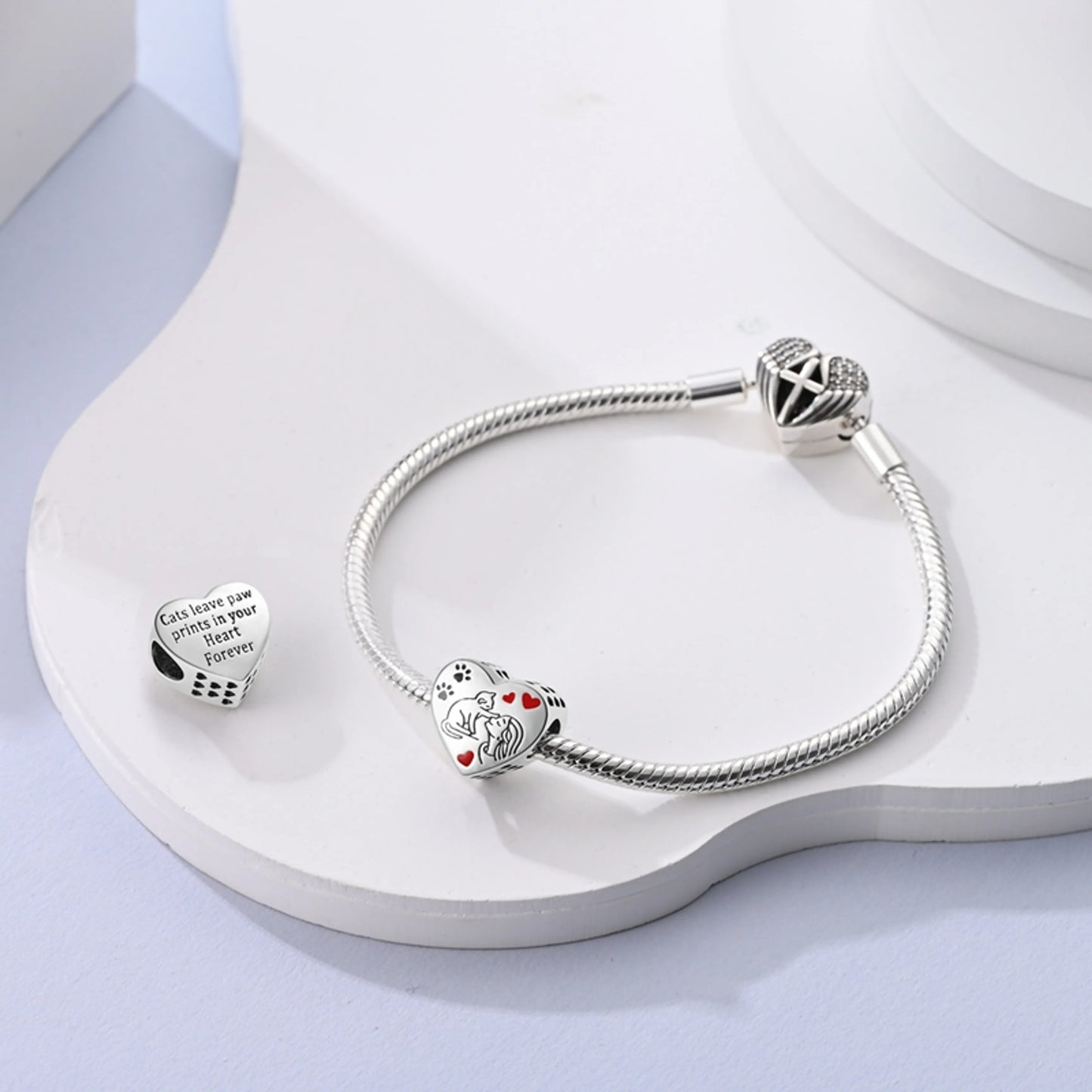 Cat Paw Print in Your Heart Charm for Bracelet, S925 Sterling Silver