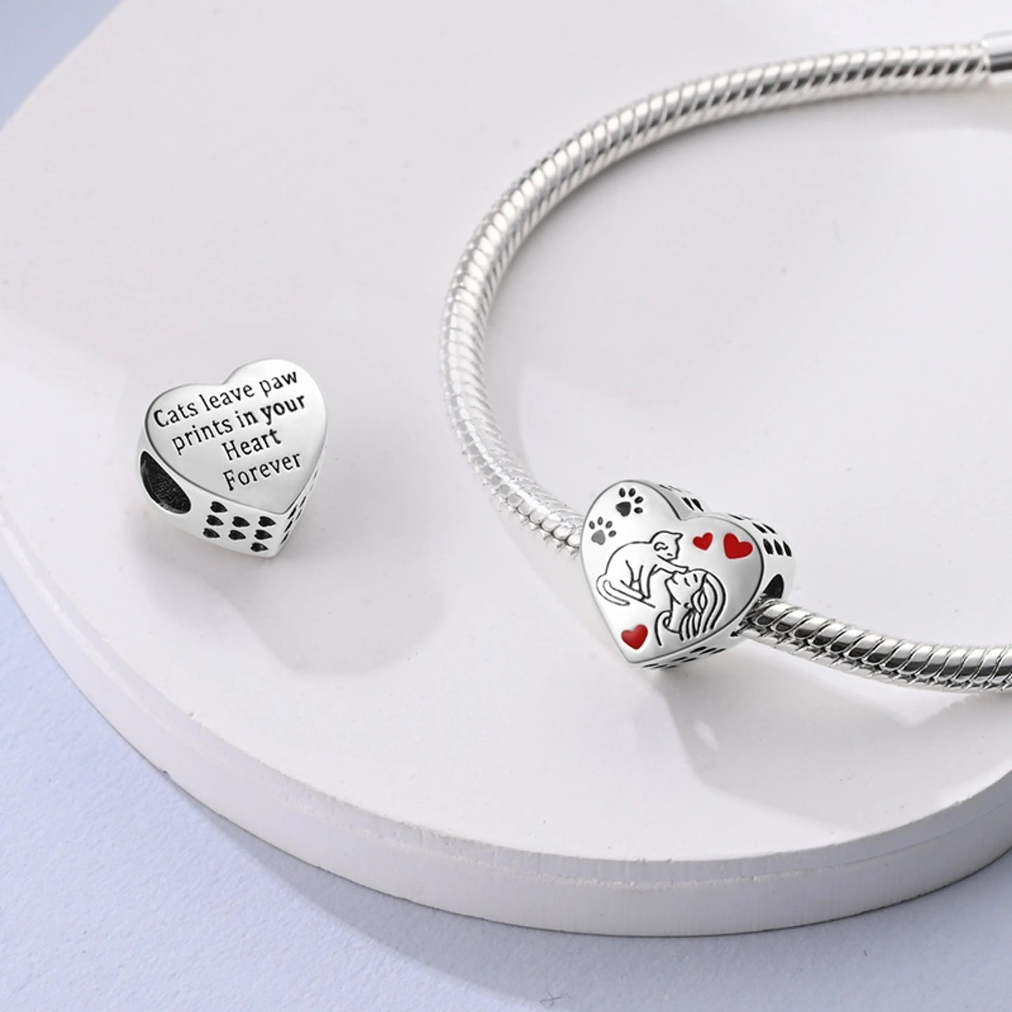 Cat Paw Print in Your Heart Charm for Bracelet, S925 Sterling Silver