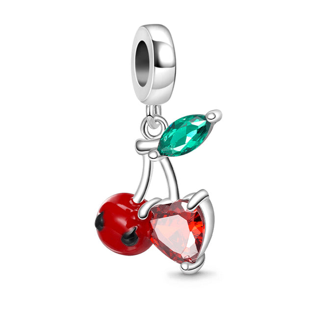 Cherry Embraces Heart Gem Dangle Charm for Bracelet, S925 Sterling Silver