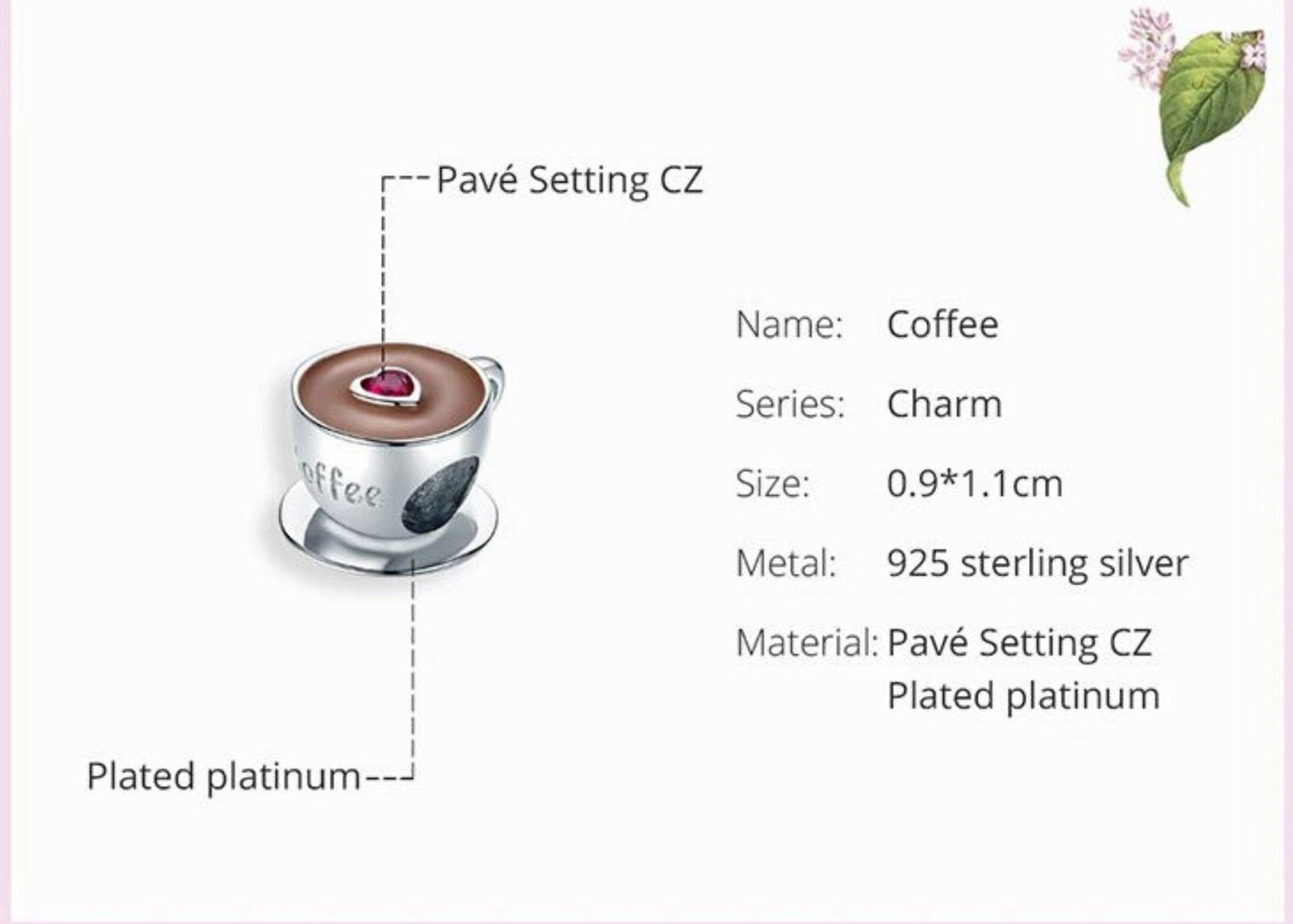 Coffee Lover Cup Charm for Bracelet, S925 Sterling Silver