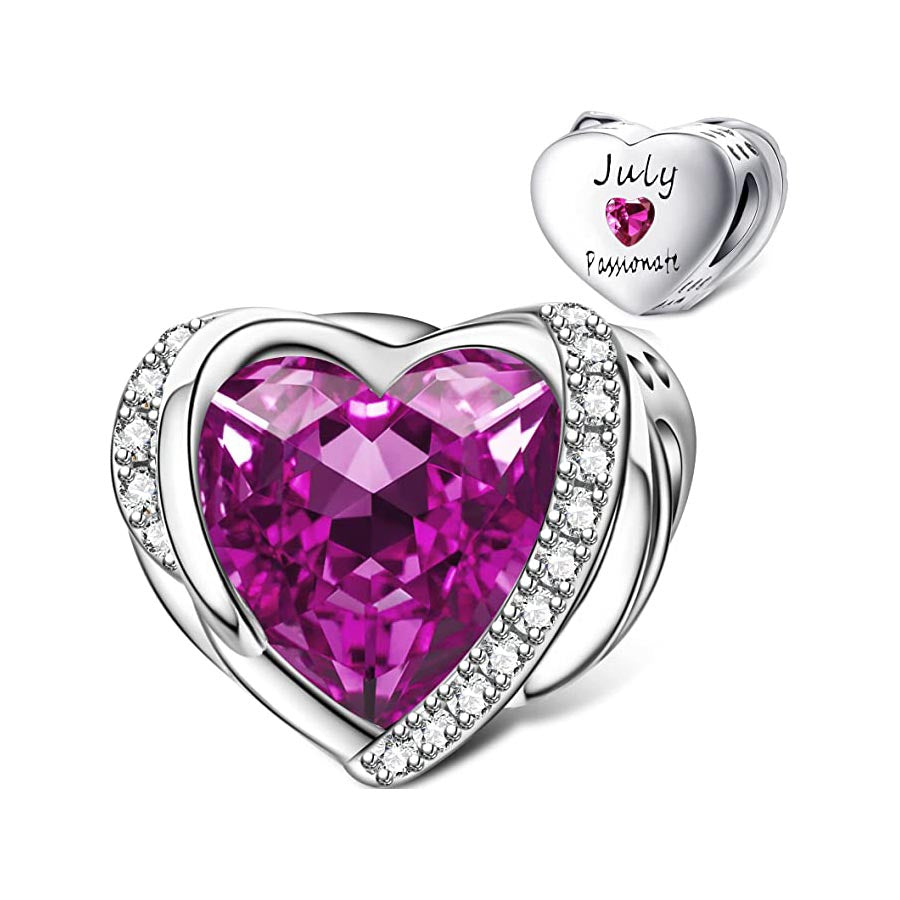 Crystal Heart July Passionate Birthstone Charm for Bracelet, S925 Sterling Silver