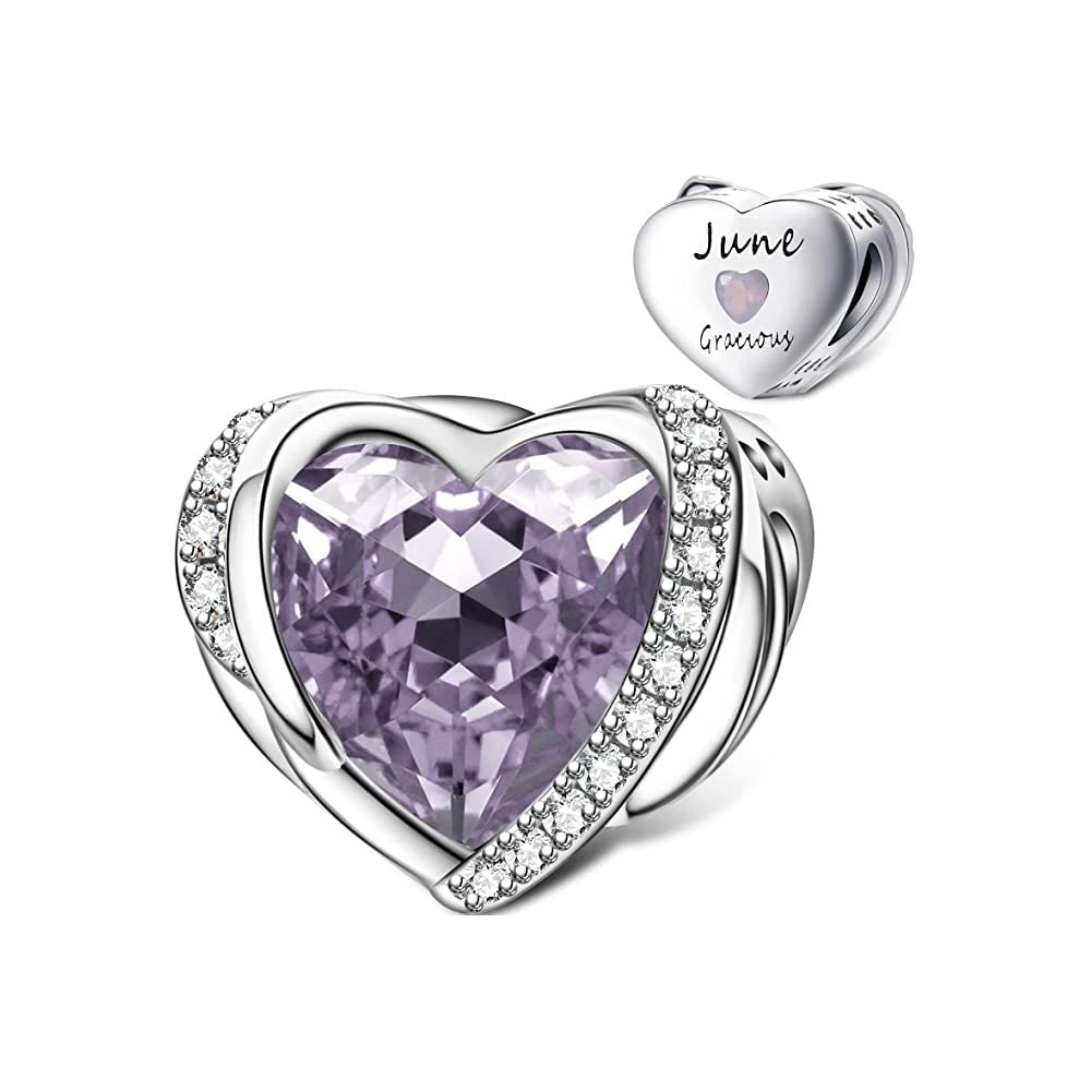 Crystal Heart June Gracious Birthstone Charm for Bracelet, S925 Sterling Silver