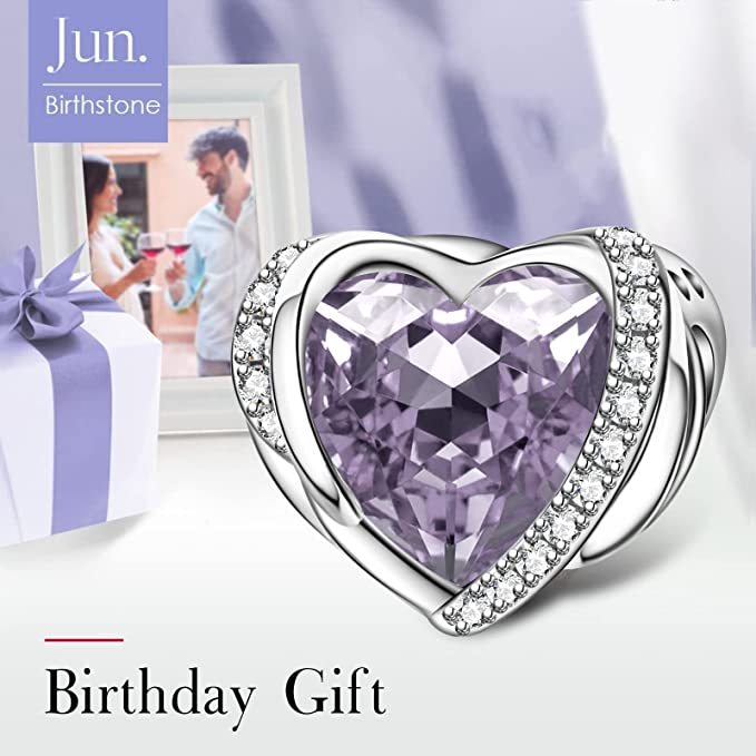 Crystal Heart June Gracious Birthstone Charm for Bracelet, S925 Sterling Silver