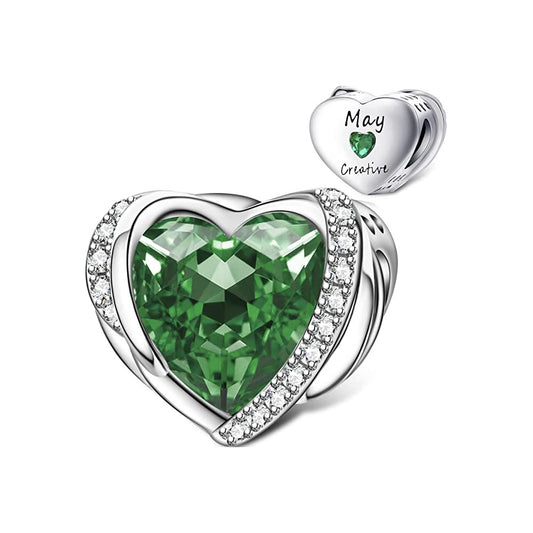 Crystal Heart May Creative Birthstone Charm for Bracelet, S925 Sterling Silver