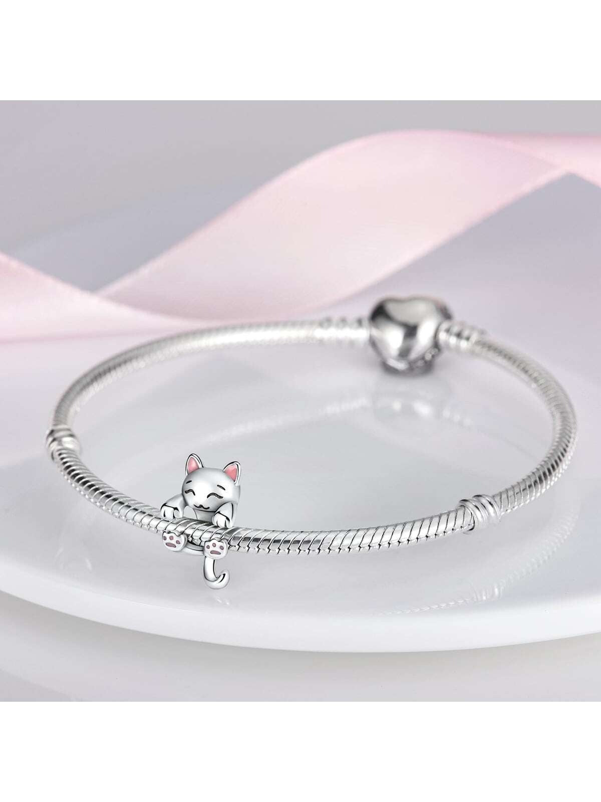 Cute Hugging Cat Charm for Bracelet, S925 Sterling Silver