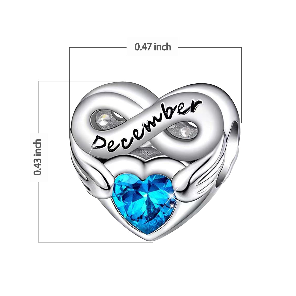 December Birthstone Months Heart Charm for Bracelet, S925 Sterling Silver