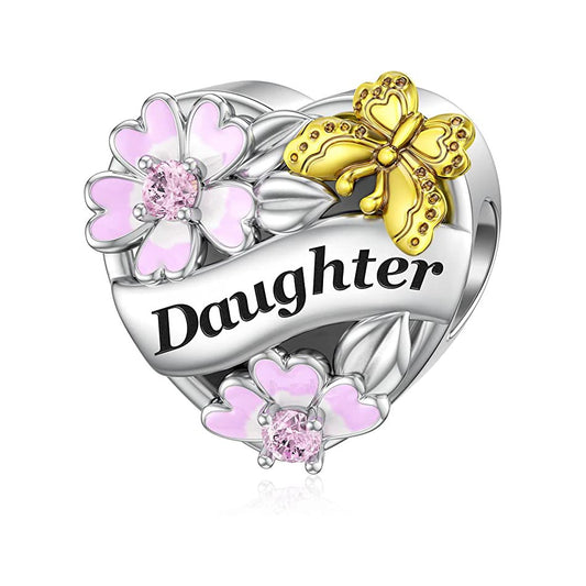 Daughter Flower & Butterfly Heart Charm for Bracelet, S925 Sterling Silver