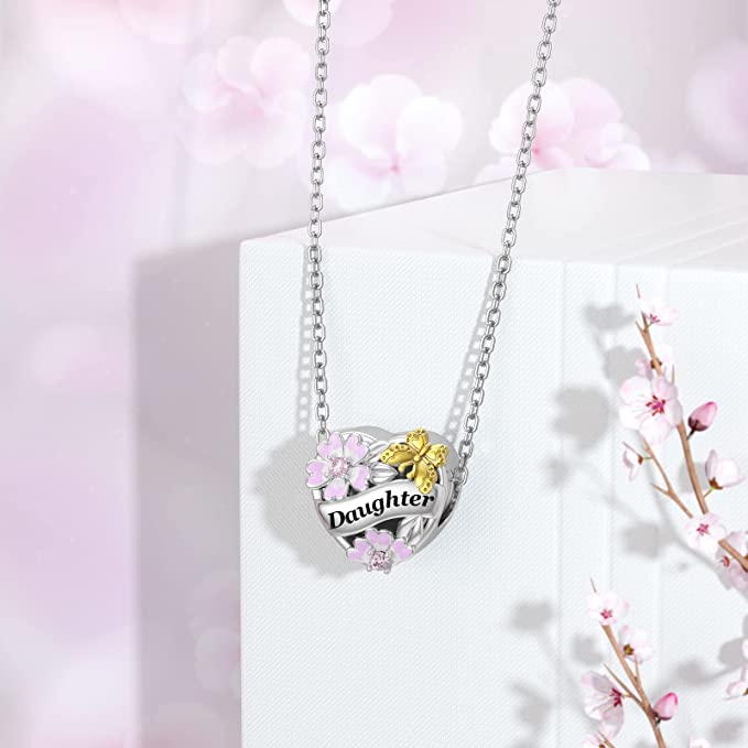 Daughter Flower & Butterfly Heart Charm for Bracelet, S925 Sterling Silver