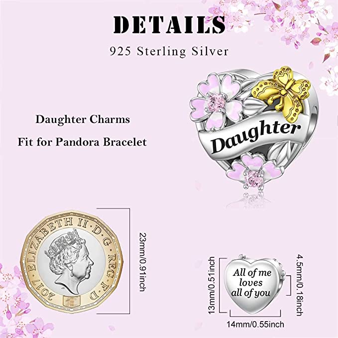 Daughter Flower & Butterfly Heart Charm for Bracelet, S925 Sterling Silver