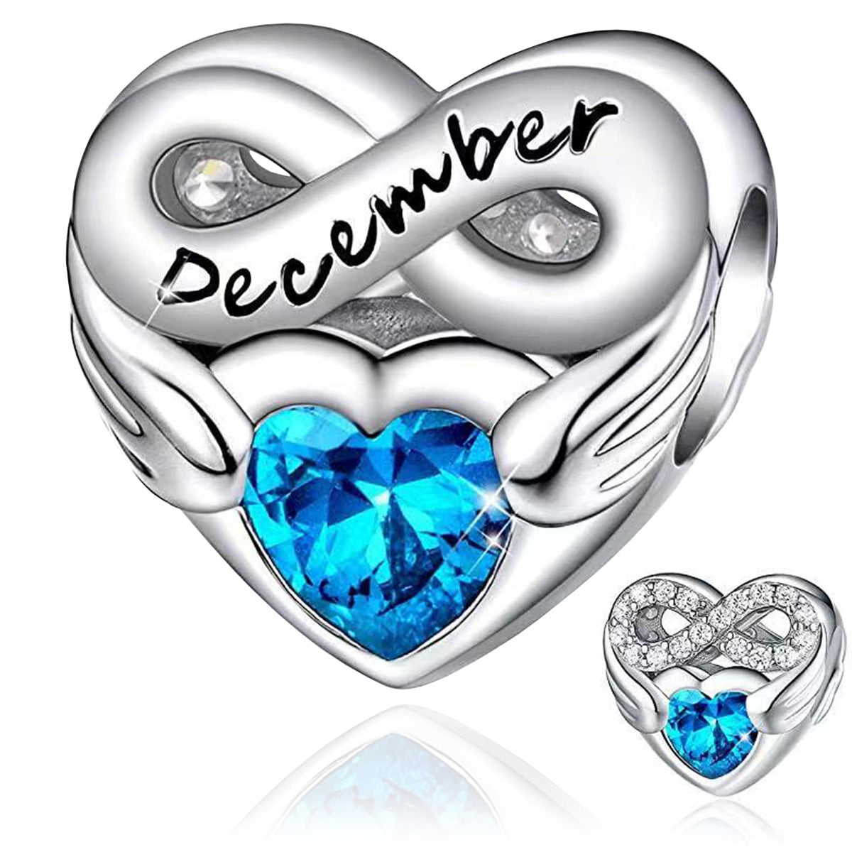 December Birthstone Months Heart Charm for Bracelet, S925 Sterling Silver