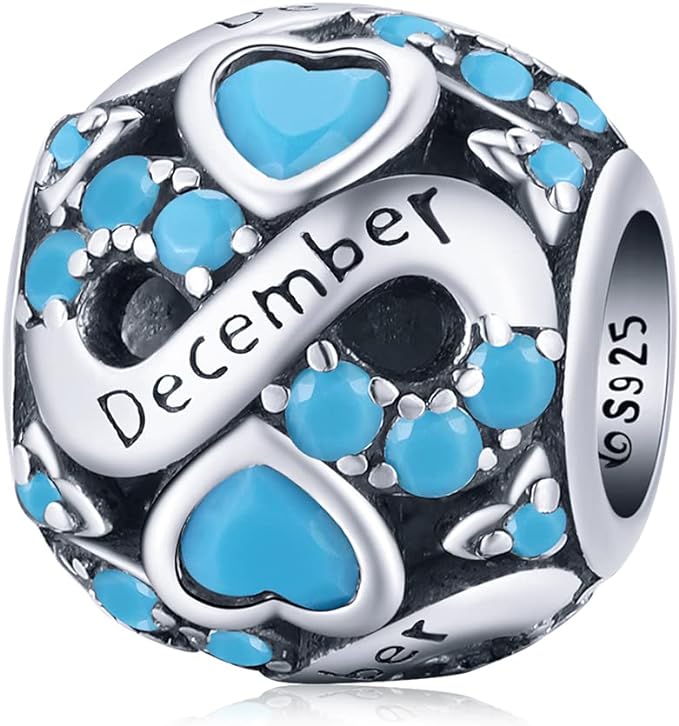 December Birthstone Infinity Birthday Bead Charm for Bracelet, S925 Sterling Silver