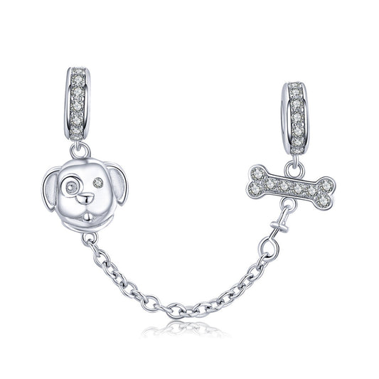 Dog and Bone Safety Chain Charm for Bracelet, S925 Sterling Silver