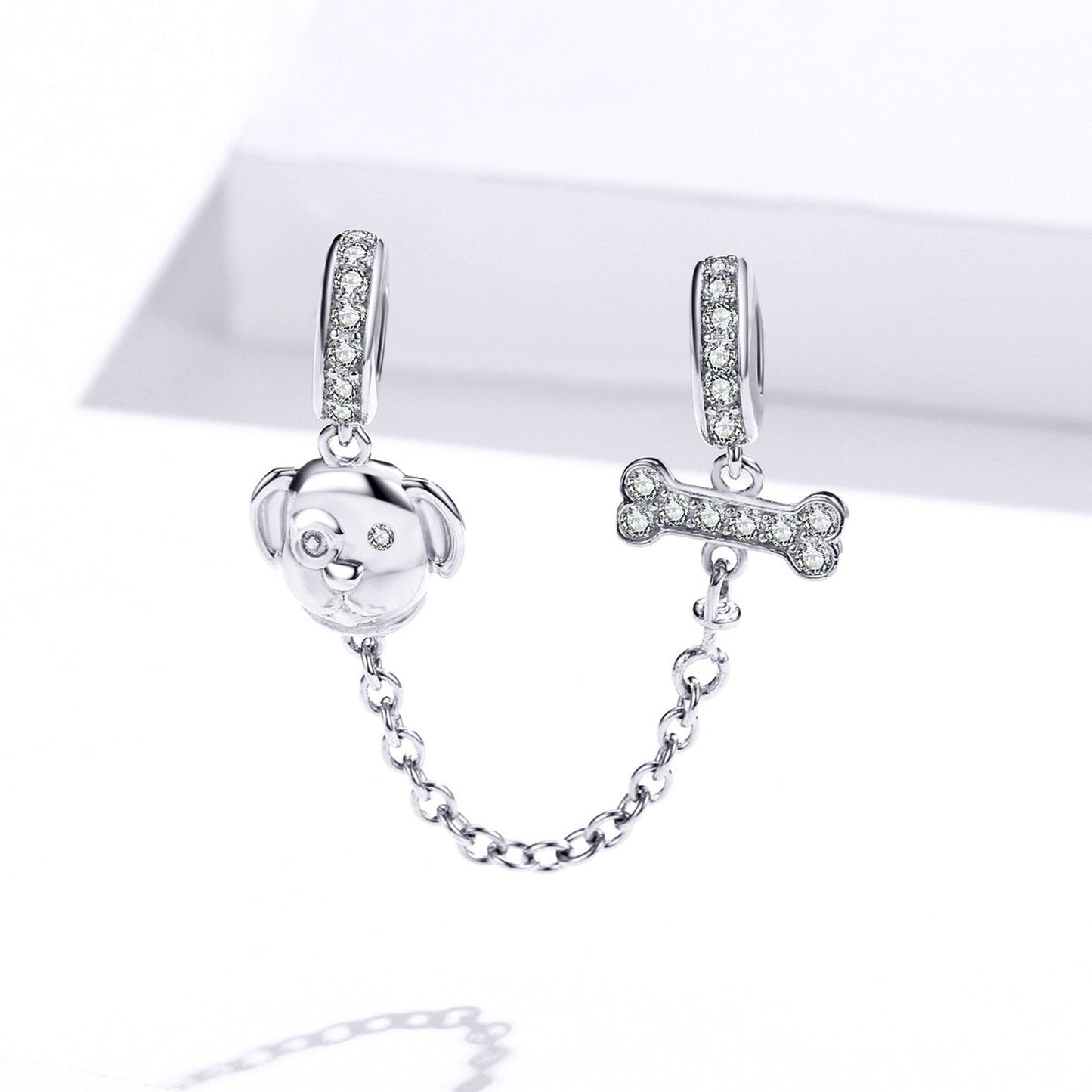 Dog and Bone Safety Chain Charm for Bracelet, S925 Sterling Silver