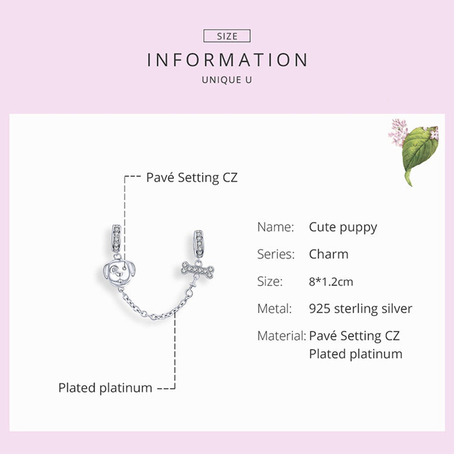 Dog and Bone Safety Chain Charm for Bracelet, S925 Sterling Silver