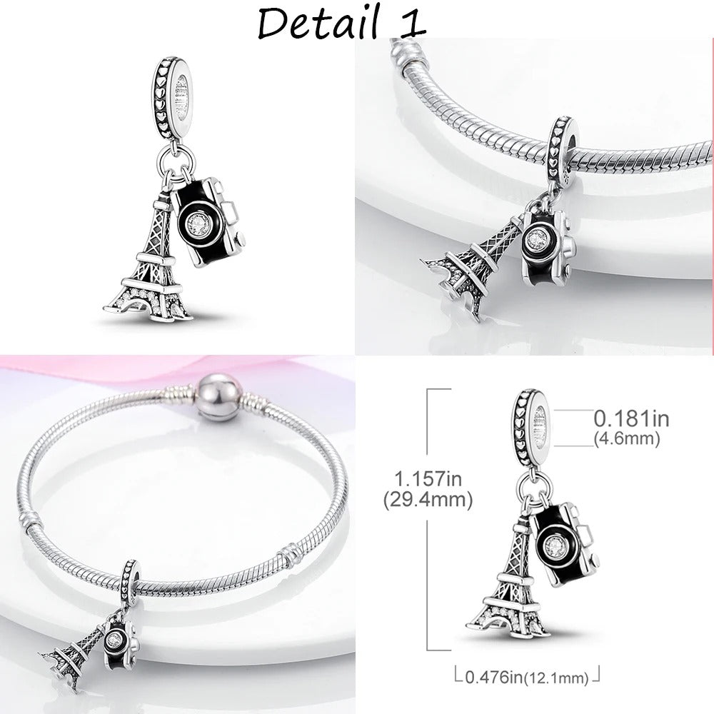 Eiffel Tower Travel Dangle Charm for Bracelet, S925 Sterling Silver