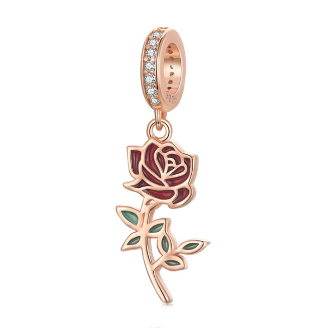 English Red Rose Charm for Bracelet, S925 Sterling Silver