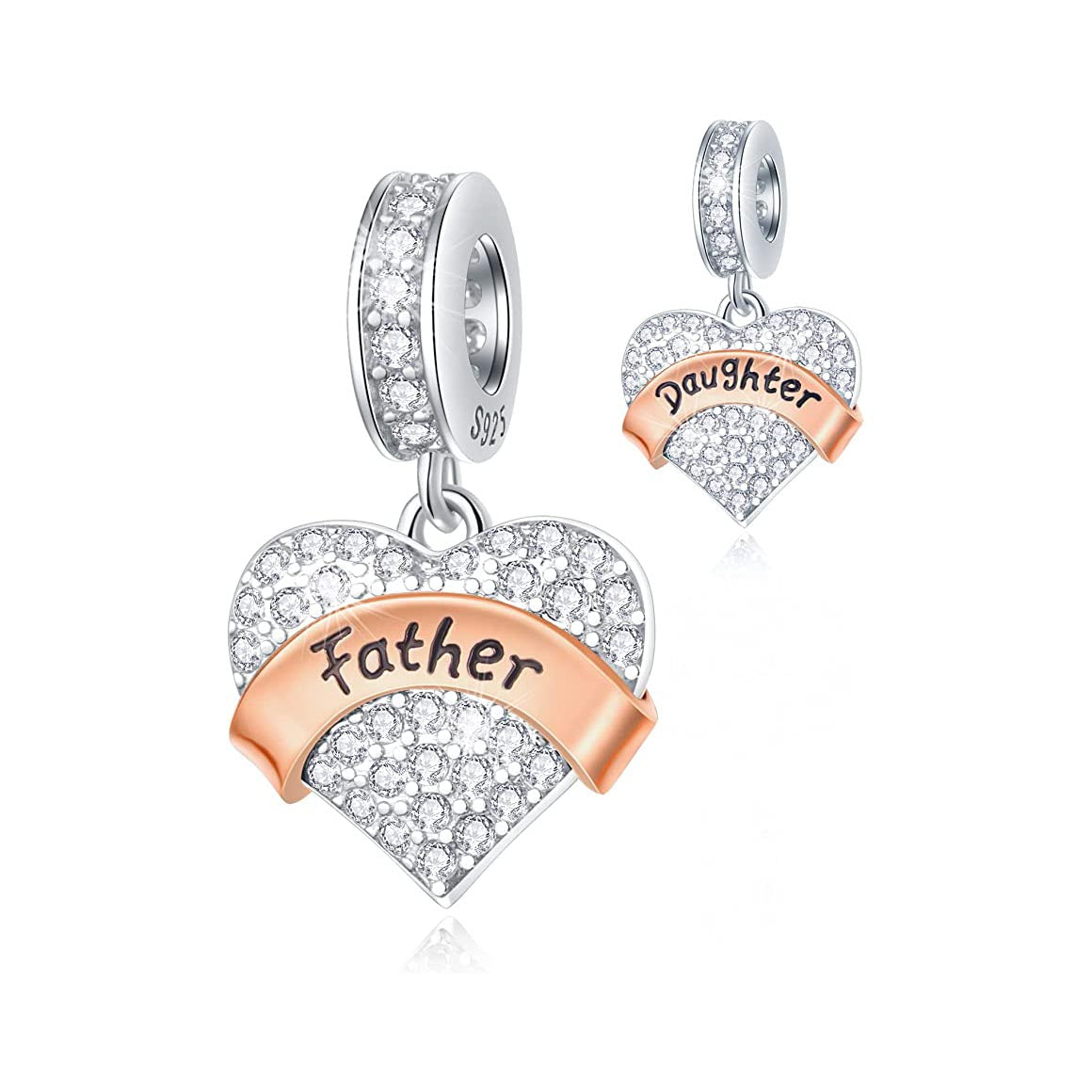 Father Daughter Dangle Charm For Bracelet, S925 Sterling Silver