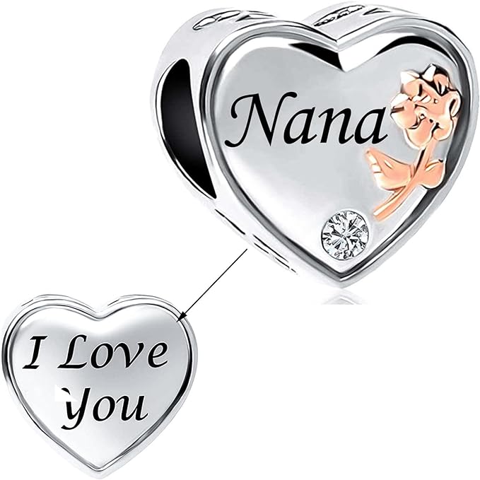 Nana I Love You Heart Charm for Bracelet, S925 Sterling Silver