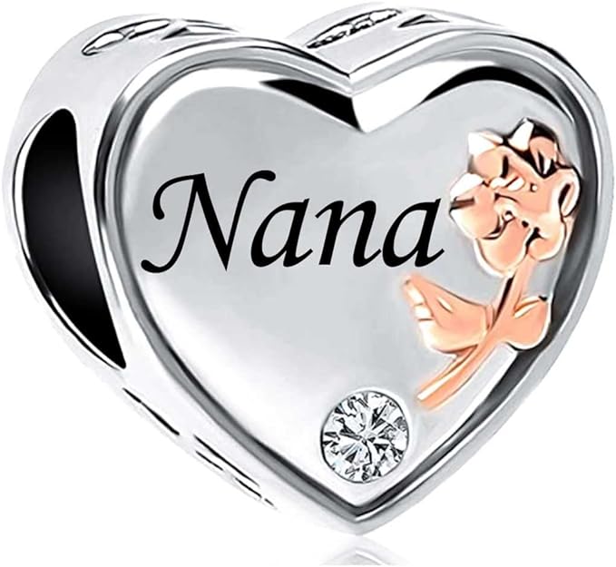 Nana I Love You Heart Charm for Bracelet, S925 Sterling Silver