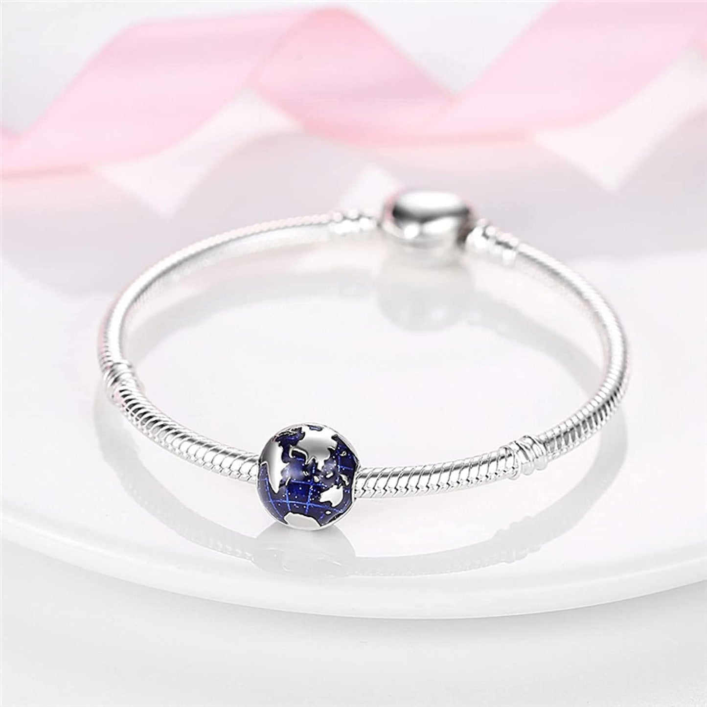 Globe Earth Clip Charm for Bracelet, S925 Sterling Silver