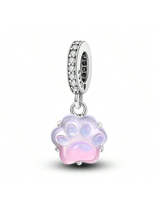 Glow in Dark Pink Paw Print Dangle Charm for Bracelet, S925 Sterling Silver