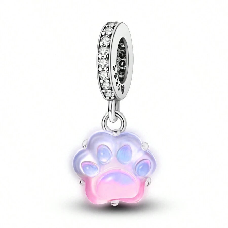 Glow in Dark Pink Paw Print Dangle Charm for Bracelet, S925 Sterling Silver