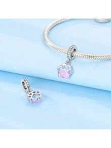 Glow in Dark Pink Paw Print Dangle Charm for Bracelet, S925 Sterling Silver