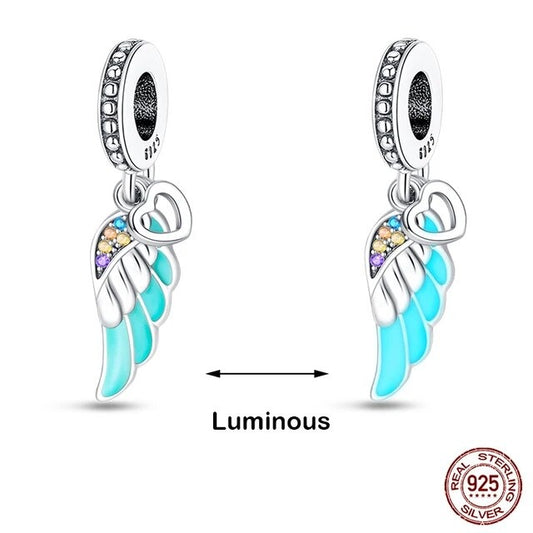 Glow in the Dark Angel Wings Charm for Bracelet, S925 Sterling Silver