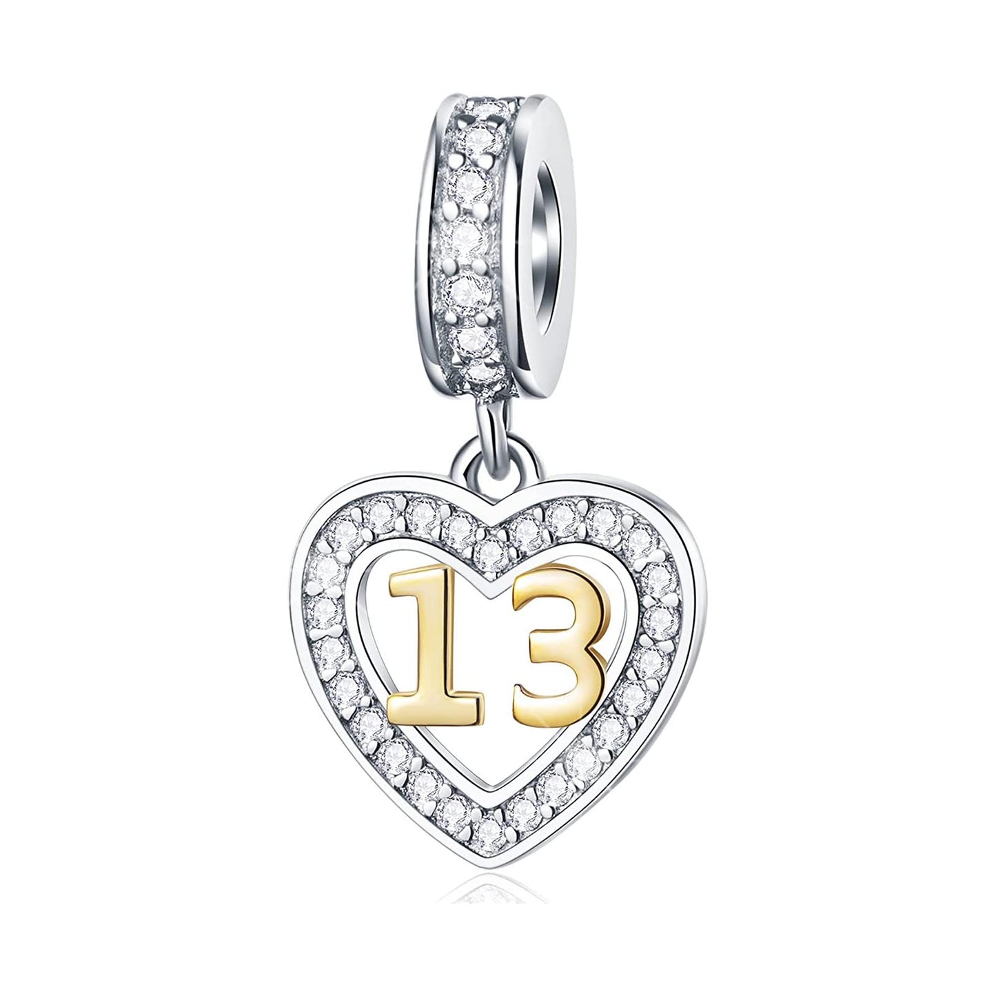 Golden 13th Birthday Number Dangle Charm for Bracelet, S925 Sterling Silver