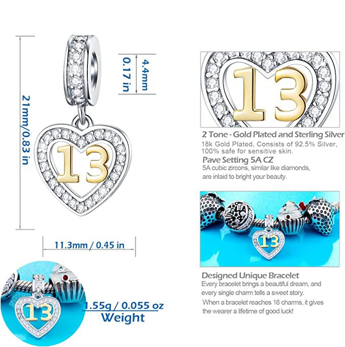 Golden 13th Birthday Number Dangle Charm for Bracelet, S925 Sterling Silver