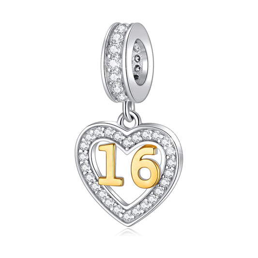 Golden 16th Birthday Number Dangle Charm for Bracelet, S925 Sterling Silver