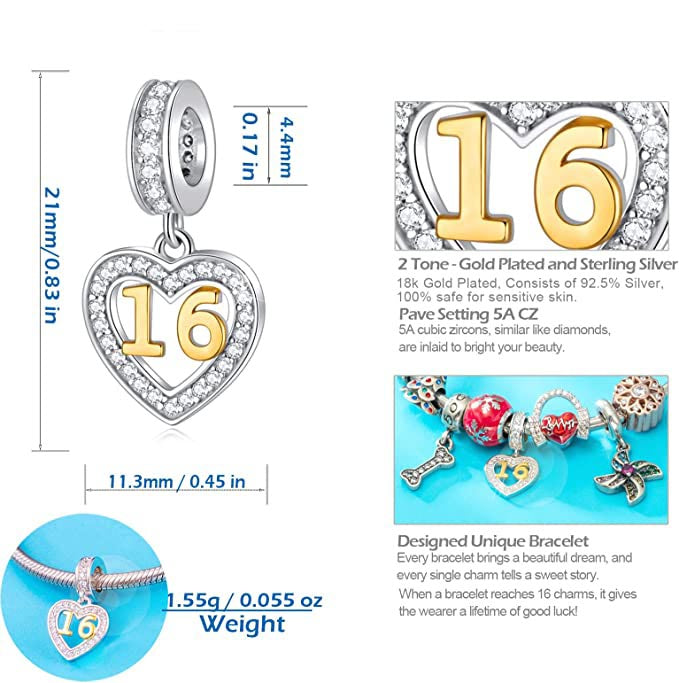 Golden 16th Birthday Number Dangle Charm for Bracelet, S925 Sterling Silver