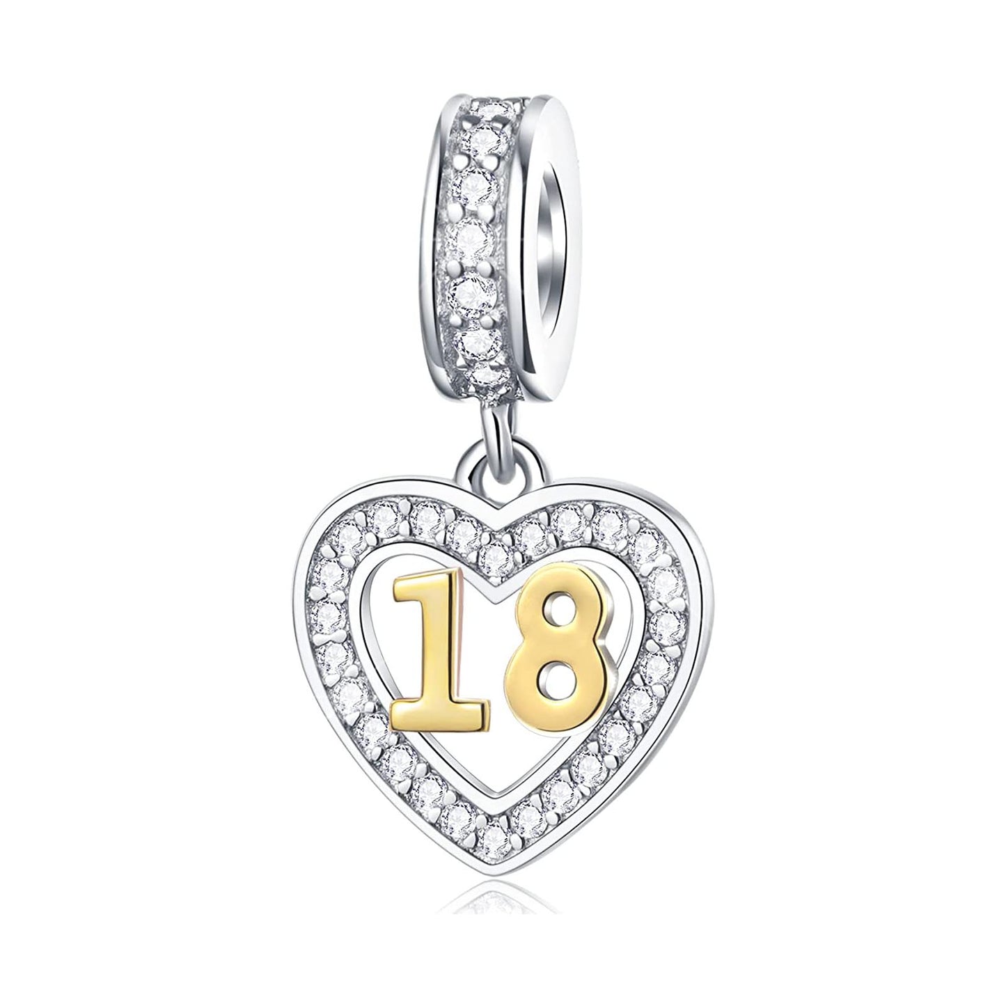 Golden 18th Birthday Number Dangle Charm for Bracelet, S925 Sterling Silver