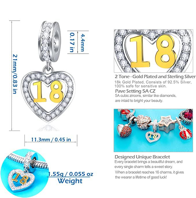 Golden 18th Birthday Number Dangle Charm for Bracelet, S925 Sterling Silver