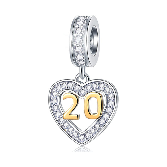 Golden 20th Birthday Number Dangle Charm for Bracelet, S925 Sterling Silver