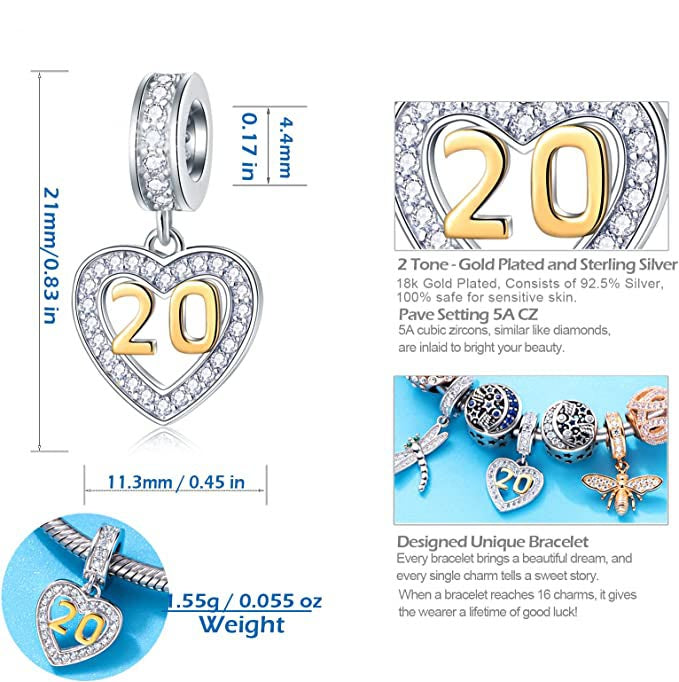 Golden 20th Birthday Number Dangle Charm for Bracelet, S925 Sterling Silver